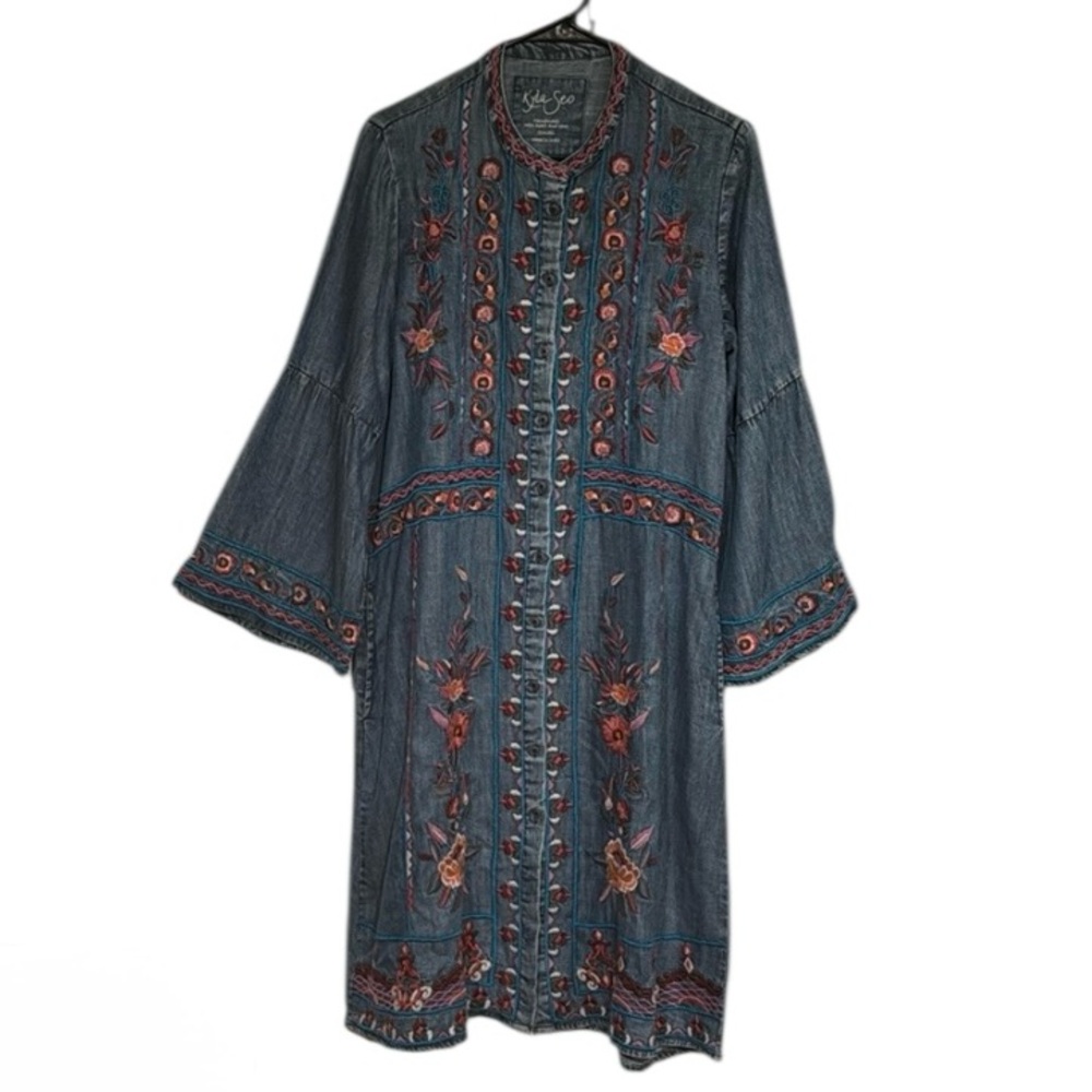 KYLA SEO Handmade Blue Embroidered Floral Midi Dress Women's Boho Small NEW
